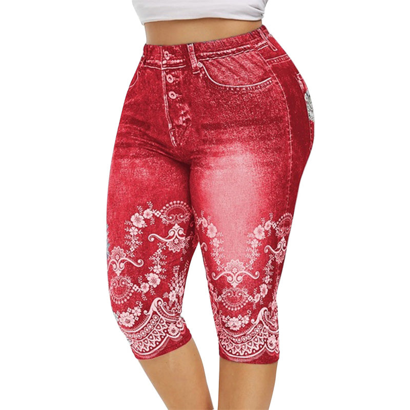 Printed False Denim Yoga Pant 3\4 Women Jeans Leggings High Waist Breeches Pants Super Elastic Jeggings Plus Size 5XL
