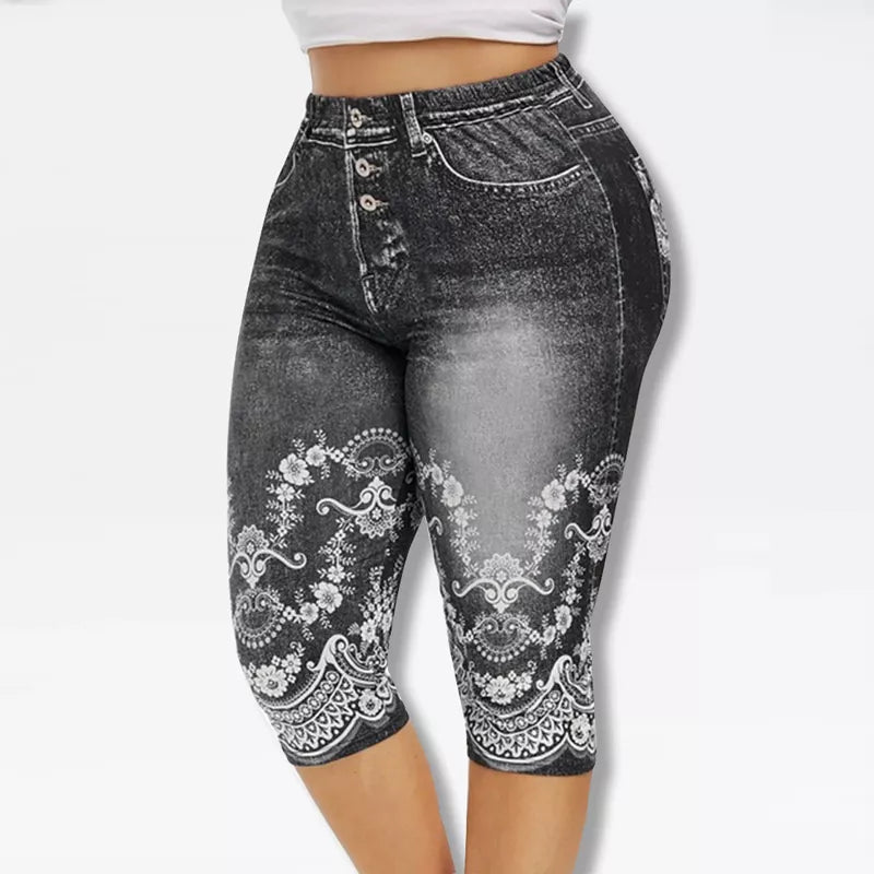 Printed False Denim Yoga Pant 3\4 Women Jeans Leggings High Waist Breeches Pants Super Elastic Jeggings Plus Size 5XL