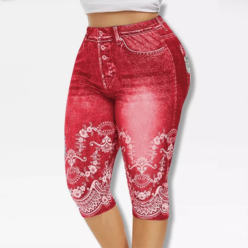 Printed False Denim Yoga Pant 3\4 Women Jeans Leggings High Waist Breeches Pants Super Elastic Jeggings Plus Size 5XL