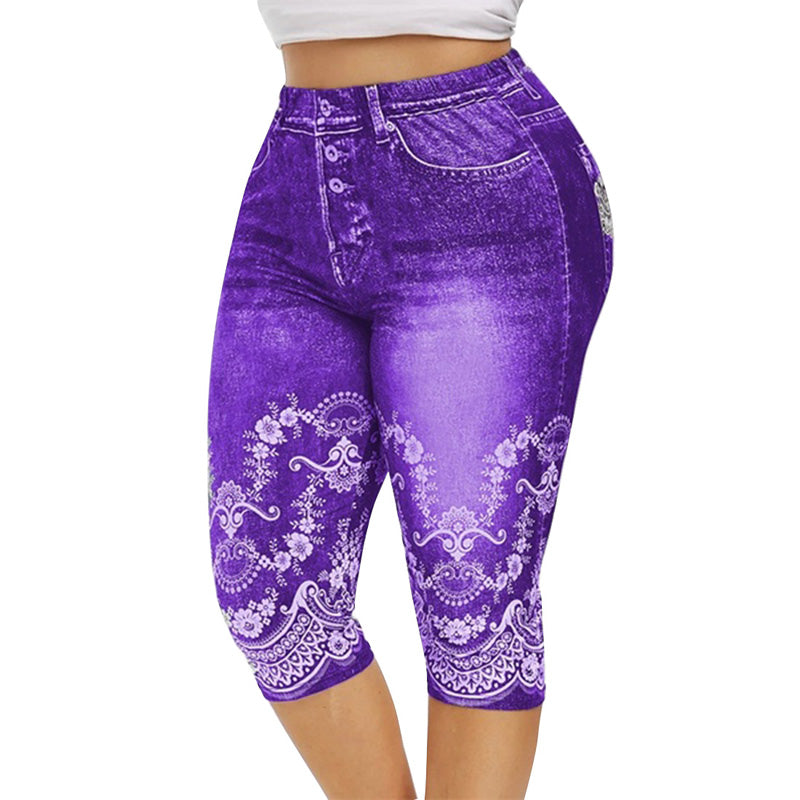 Printed False Denim Yoga Pant 3\4 Women Jeans Leggings High Waist Breeches Pants Super Elastic Jeggings Plus Size 5XL
