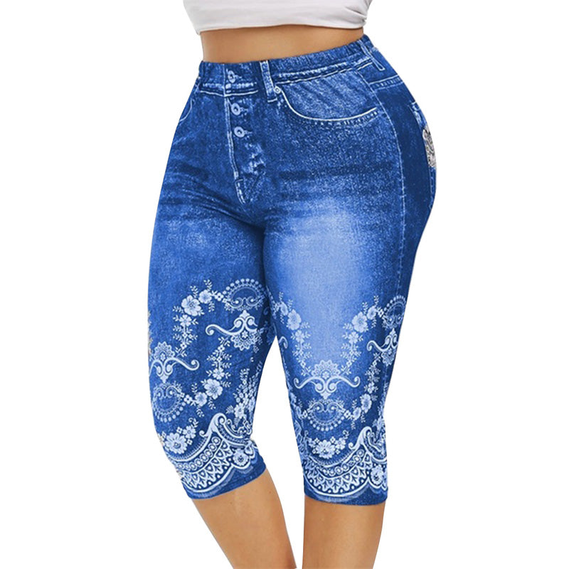 Printed False Denim Yoga Pant 3\4 Women Jeans Leggings High Waist Breeches Pants Super Elastic Jeggings Plus Size 5XL