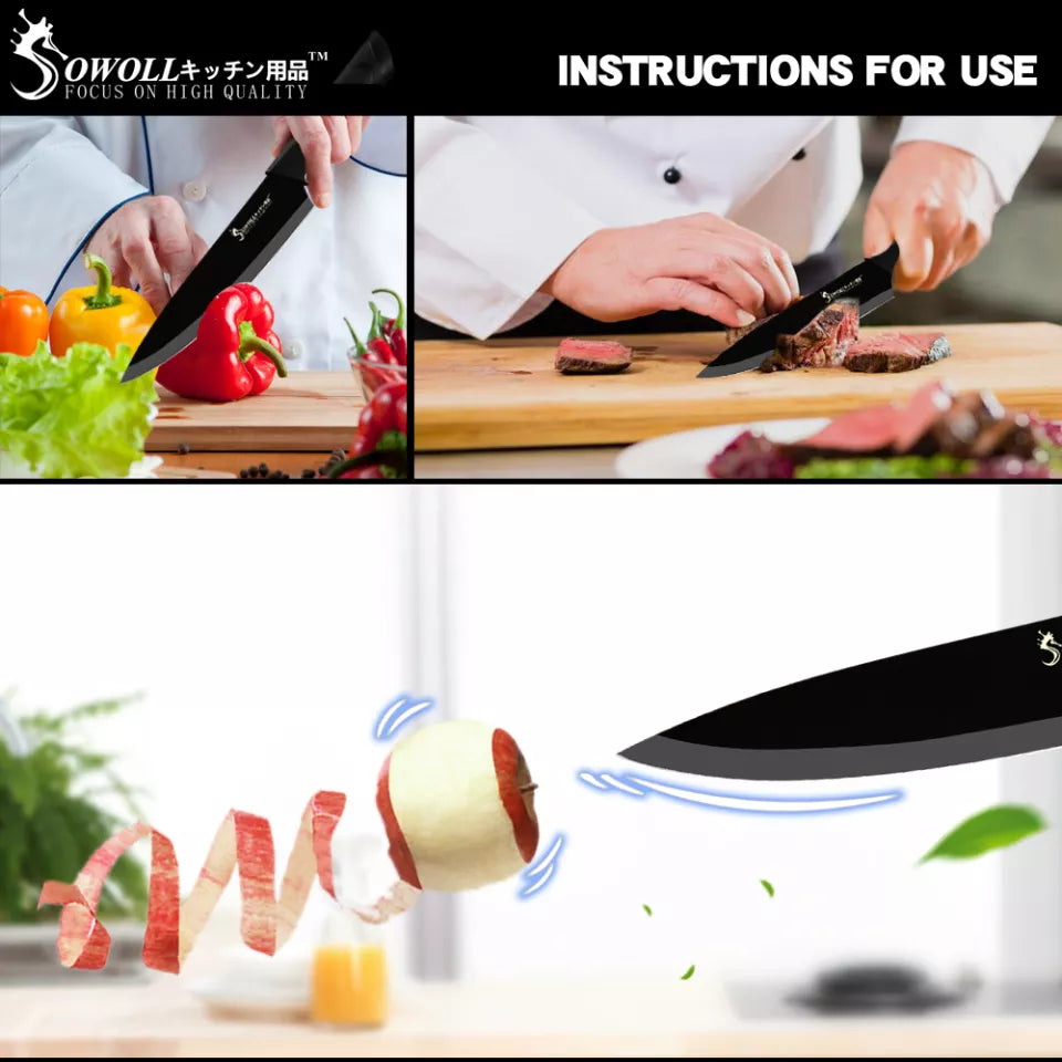 Sowoll 8'' Knife Holder Stainless Steel 8pcs Kitchen Cooking Knife Set Chef Slicing Bread Santoku Utility Paring Knife Sharpener