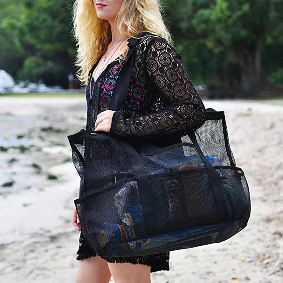 Summer Large Beach Bag For Towels Mesh Durable Beach Bags For Toys Waterproof Underwear Pocket Beach Tote Bag