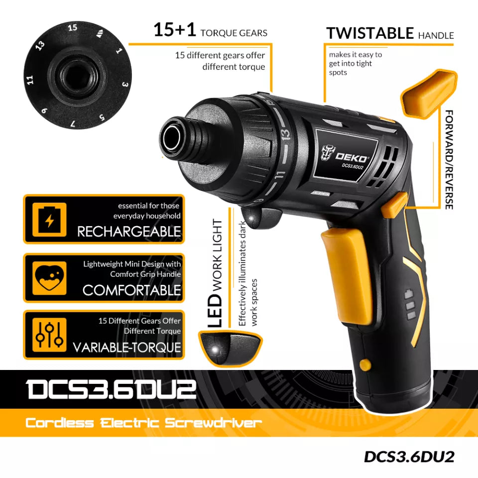 DEKO DCS3.6DU2 Cordless Electric Screwdriver Rechargeable Power Battery Twistable Handle LED Torch Household DIY