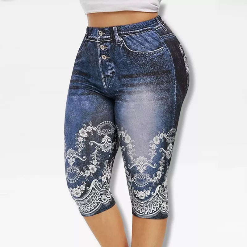 Printed False Denim Yoga Pant 3\4 Women Jeans Leggings High Waist Breeches Pants Super Elastic Jeggings Plus Size 5XL