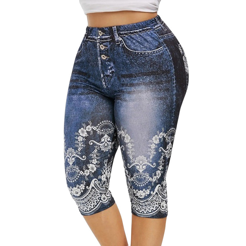 Printed False Denim Yoga Pant 3\4 Women Jeans Leggings High Waist Breeches Pants Super Elastic Jeggings Plus Size 5XL