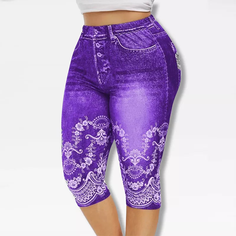 Printed False Denim Yoga Pant 3\4 Women Jeans Leggings High Waist Breeches Pants Super Elastic Jeggings Plus Size 5XL