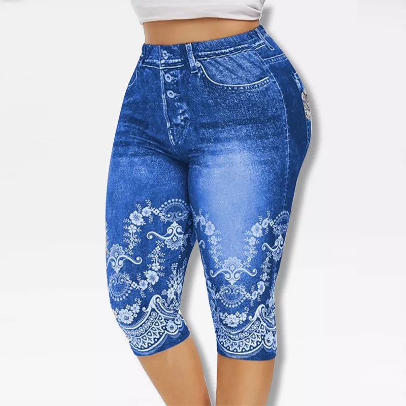 Printed False Denim Yoga Pant 3\4 Women Jeans Leggings High Waist Breeches Pants Super Elastic Jeggings Plus Size 5XL