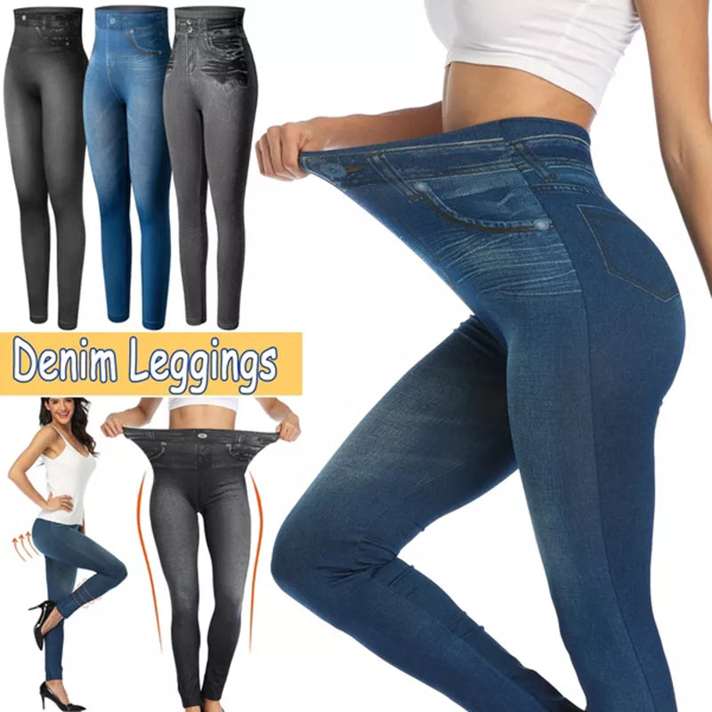 Womens Denim Jean High Waisted Legging