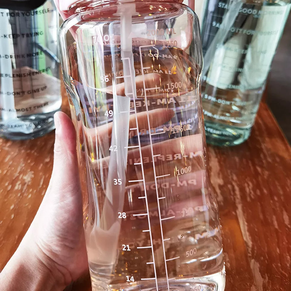 Large Capacity Sports Water Bottle Time Marker Leak-Proof Water Bottles With Straw 2000ml Drinking Bottle Fitness Sports Bottle
