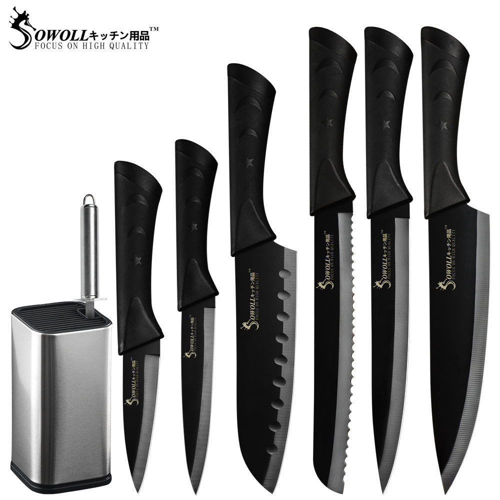 Sowoll 8'' Knife Holder Stainless Steel 8pcs Kitchen Cooking Knife Set Chef Slicing Bread Santoku Utility Paring Knife Sharpener