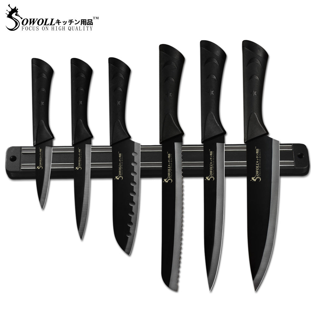Sowoll 8'' Knife Holder Stainless Steel 8pcs Kitchen Cooking Knife Set Chef Slicing Bread Santoku Utility Paring Knife Sharpener