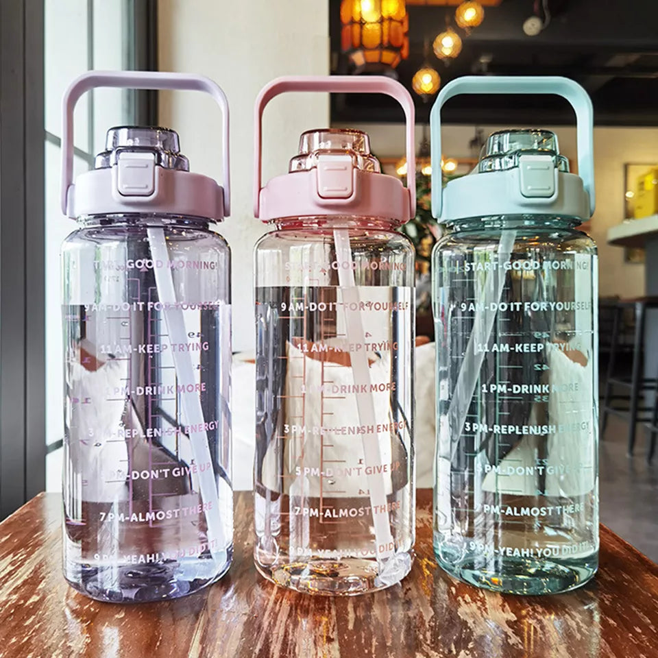 Large Capacity Sports Water Bottle Time Marker Leak-Proof Water Bottles With Straw 2000ml Drinking Bottle Fitness Sports Bottle